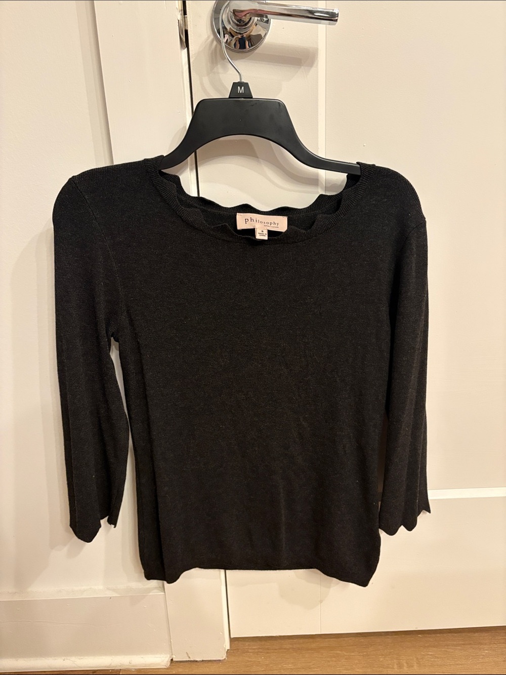 Philosophy Black/ dark gray Scalloped Neck 3/4 Sleeve Top